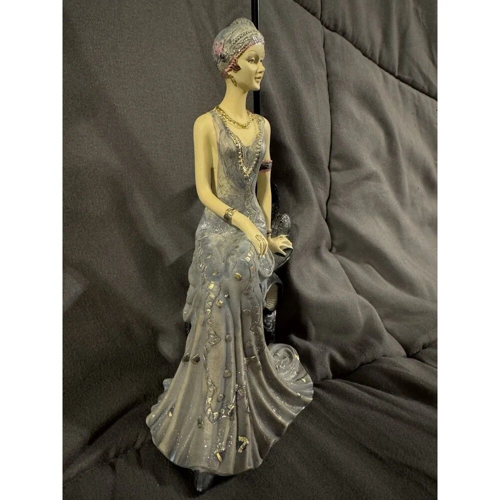 Art Deco Seated Lady Figurine Gray Dress on Black Metal Jewelry Stand Holder
